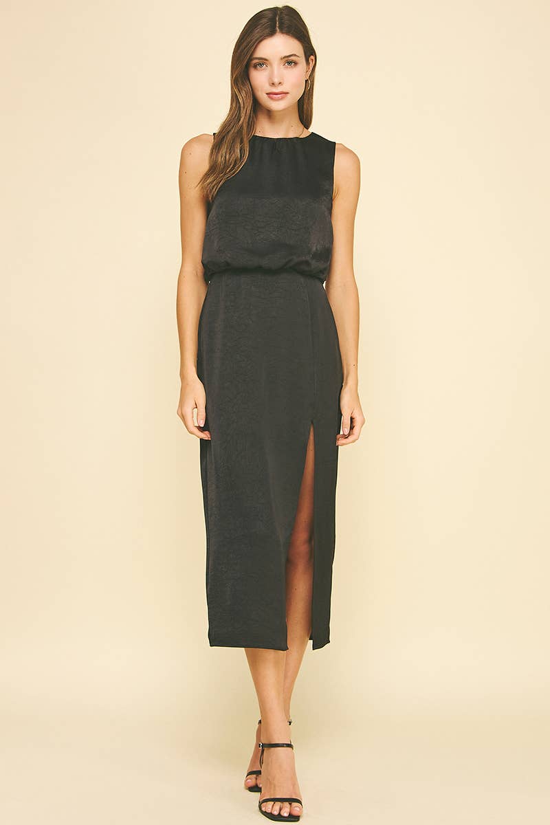 SILKY SIDE SLIT MIDI DRESS