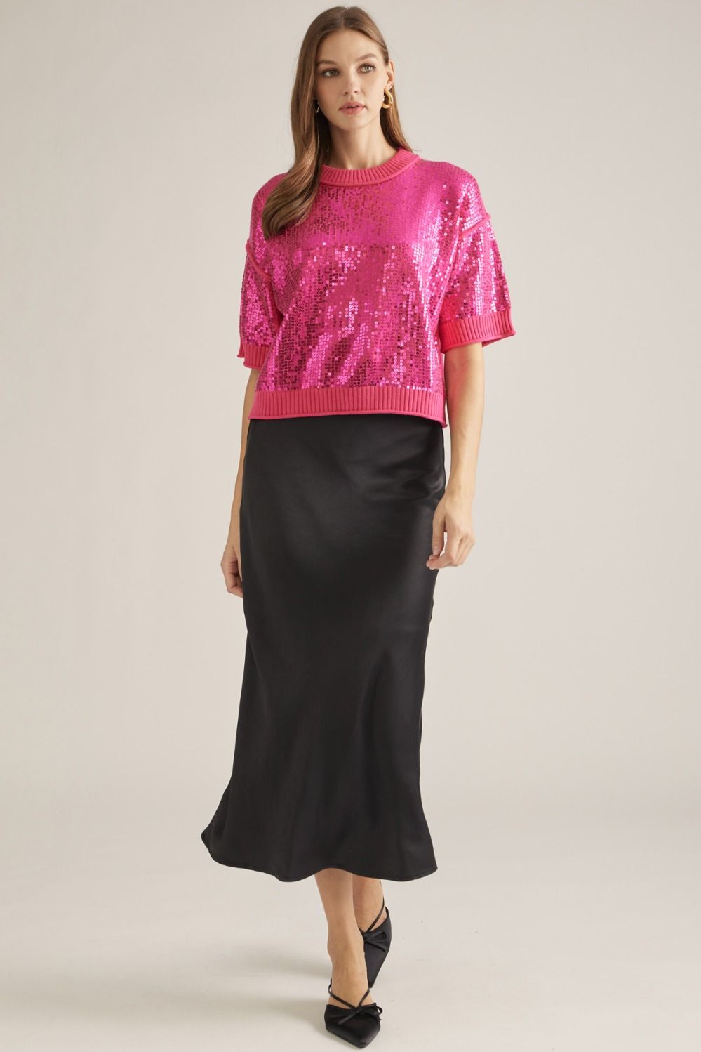 Pink Sequin Short Sleeve Sweater Top