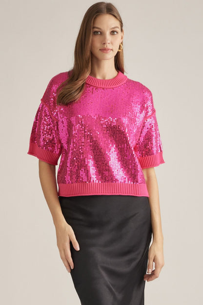 Pink Sequin Short Sleeve Sweater Top