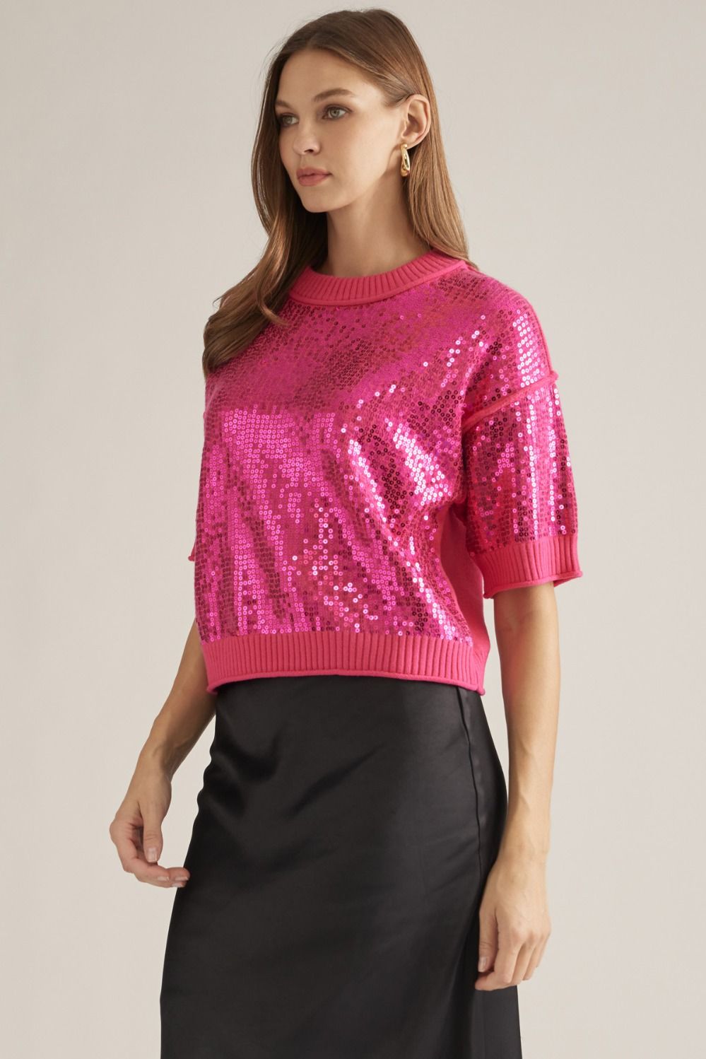 Pink Sequin Short Sleeve Sweater Top