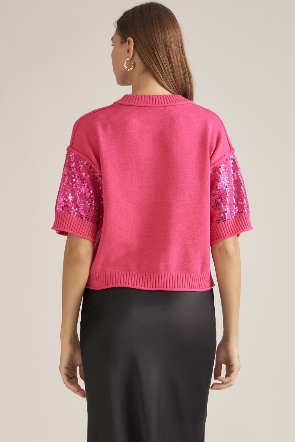 Pink Sequin Short Sleeve Sweater Top
