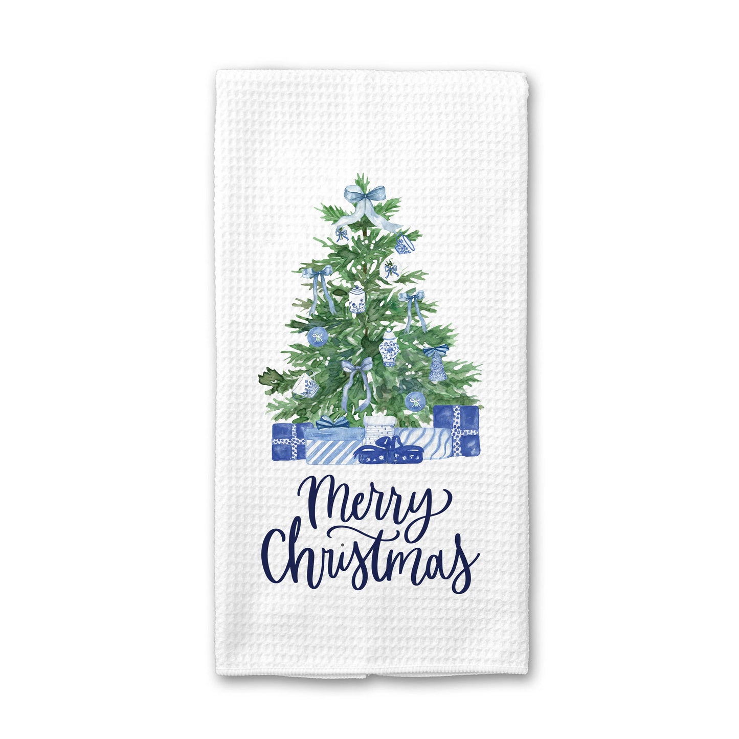 Chinoiserie Christmas Tree Towel, Blue Holiday Kitchen Decor