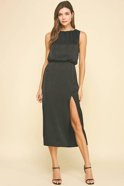 SILKY SIDE SLIT MIDI DRESS