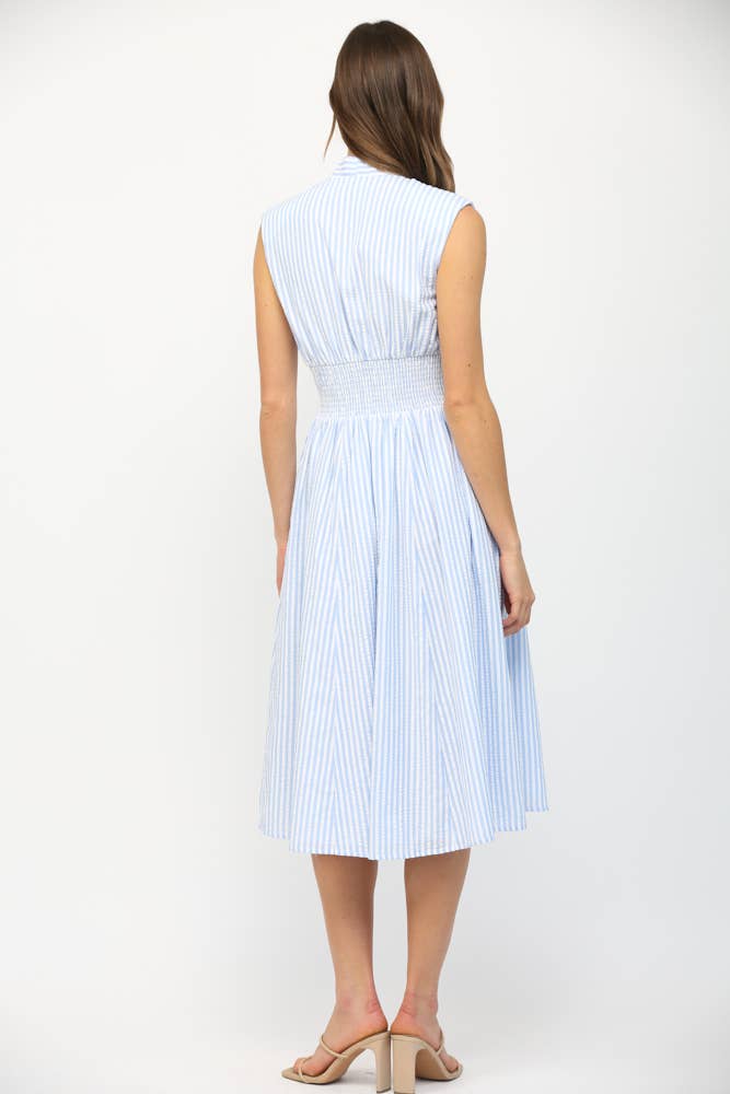 STRIPED FRONT ZIP CLOSURE V-NECKLINE MIDI DRESS FD32412