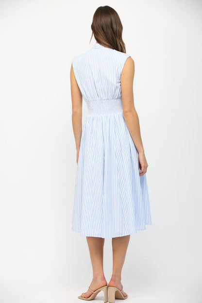 STRIPED FRONT ZIP CLOSURE V-NECKLINE MIDI DRESS FD32412
