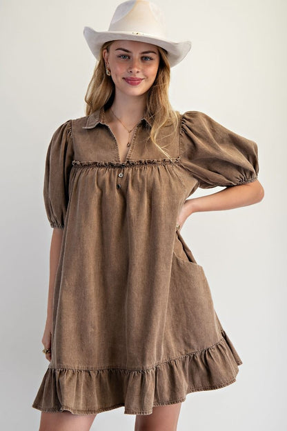 Jane Short Sleeve Ruffle Bottom Denim Dress