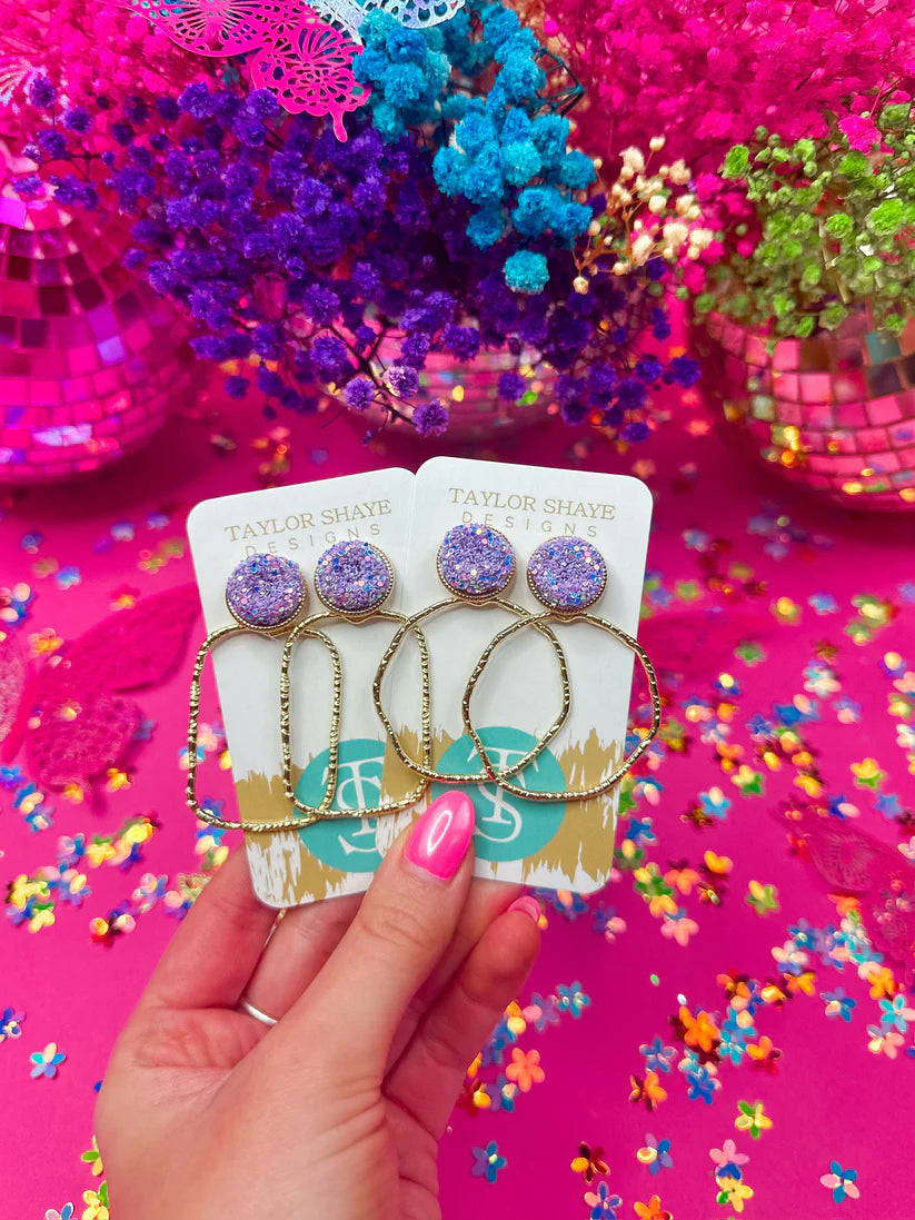 Taylor Shaye Lavender Round Glitter Top Hoops