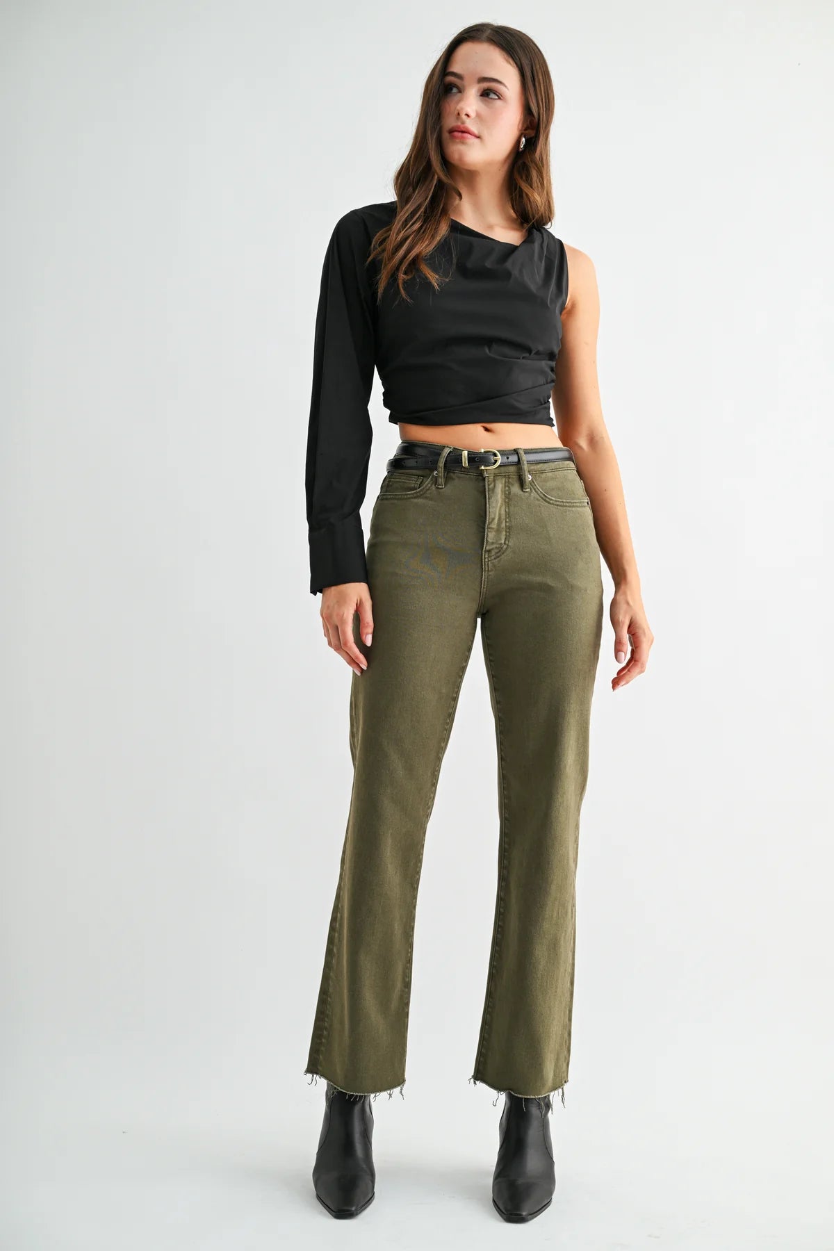 High Rise Straight Ankle Olive Jeans