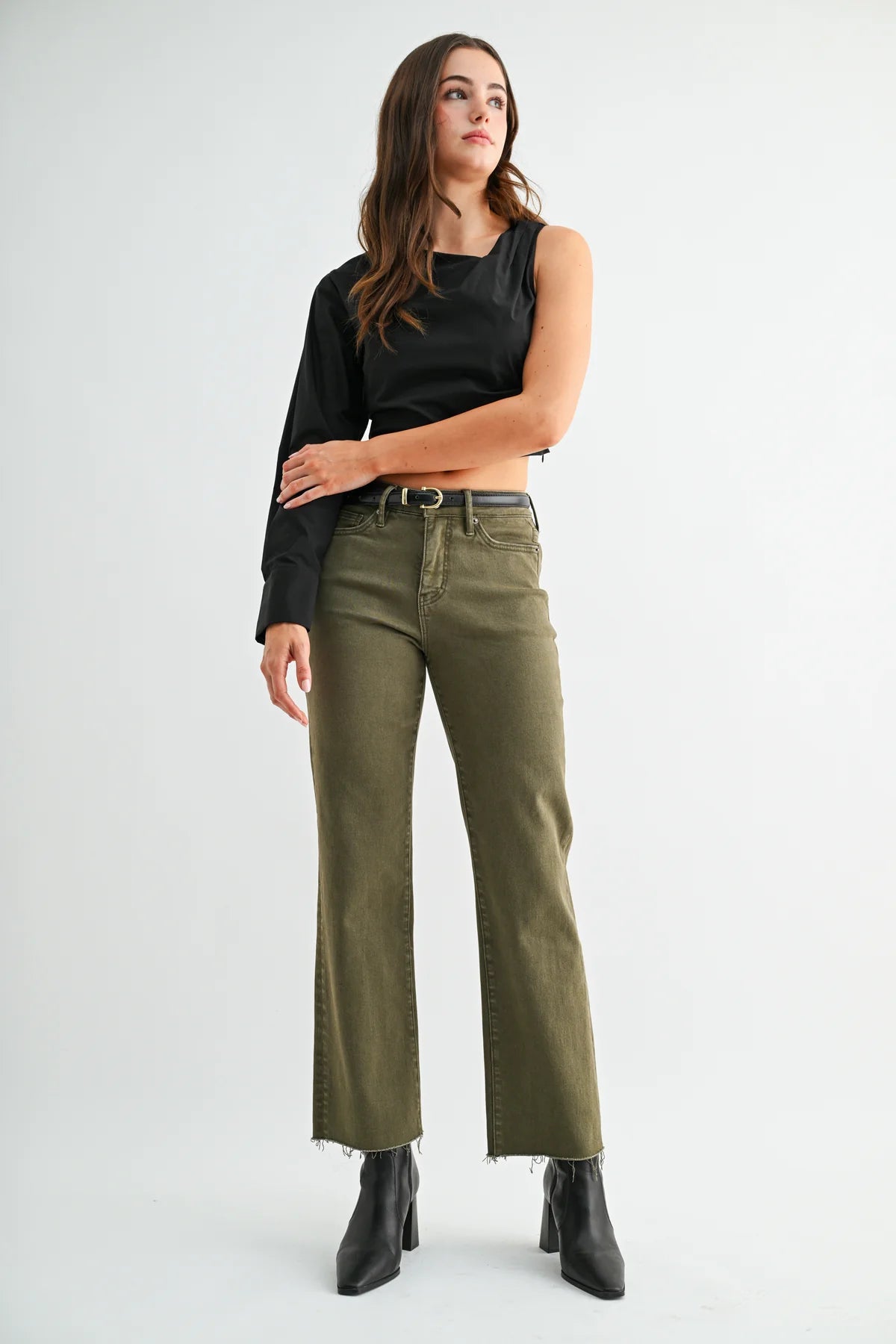 High Rise Straight Ankle Olive Jeans