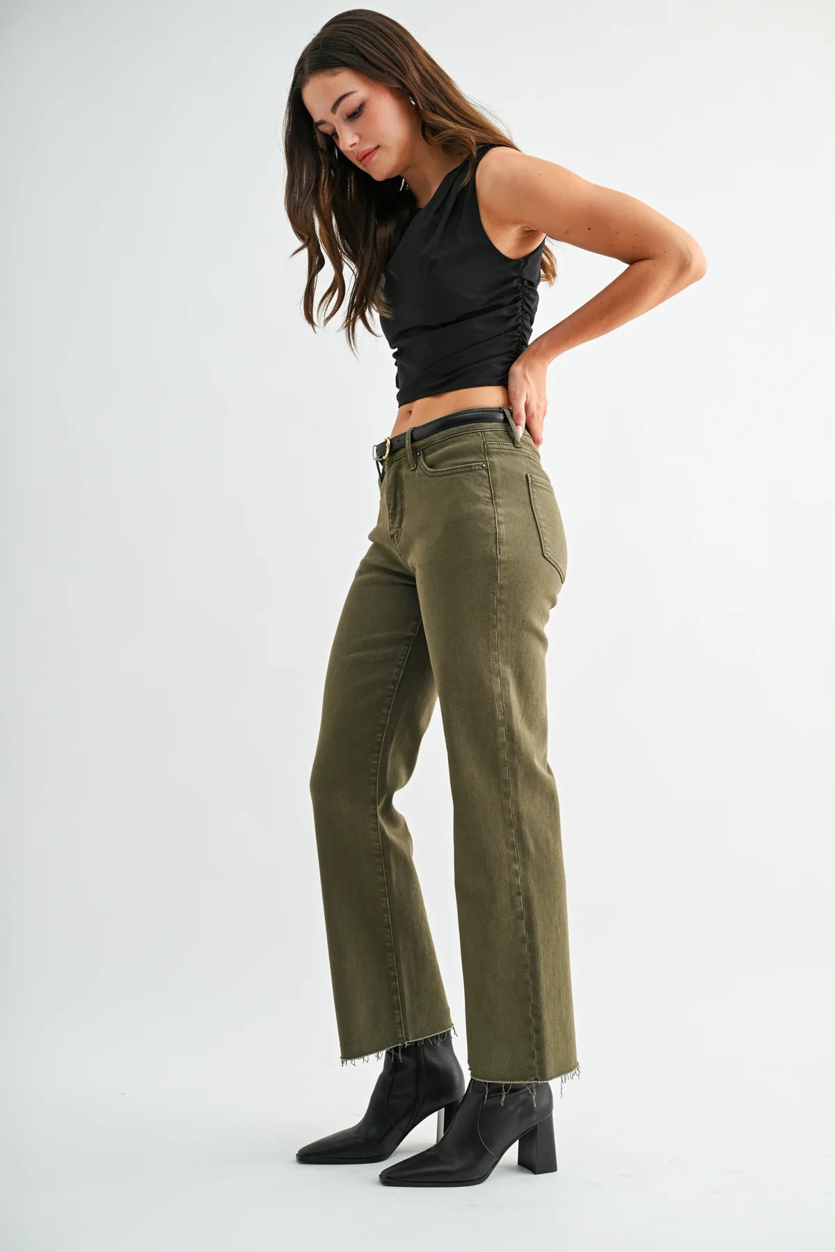 High Rise Straight Ankle Olive Jeans