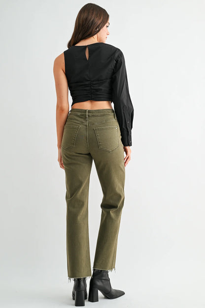 High Rise Straight Ankle Olive Jeans