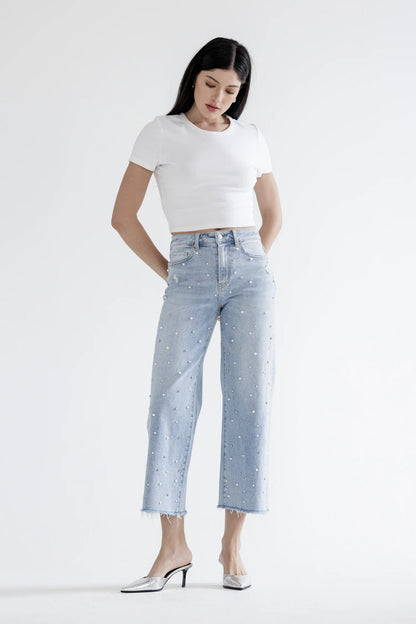 High Rise Wide Leg Pearl Embellished Crop Jeans
