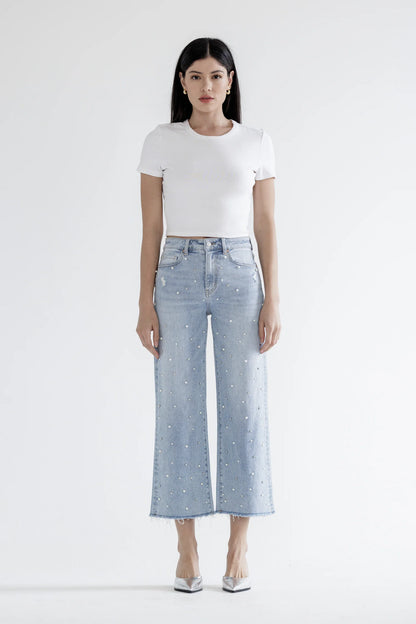 High Rise Wide Leg Pearl Embellished Crop Jeans