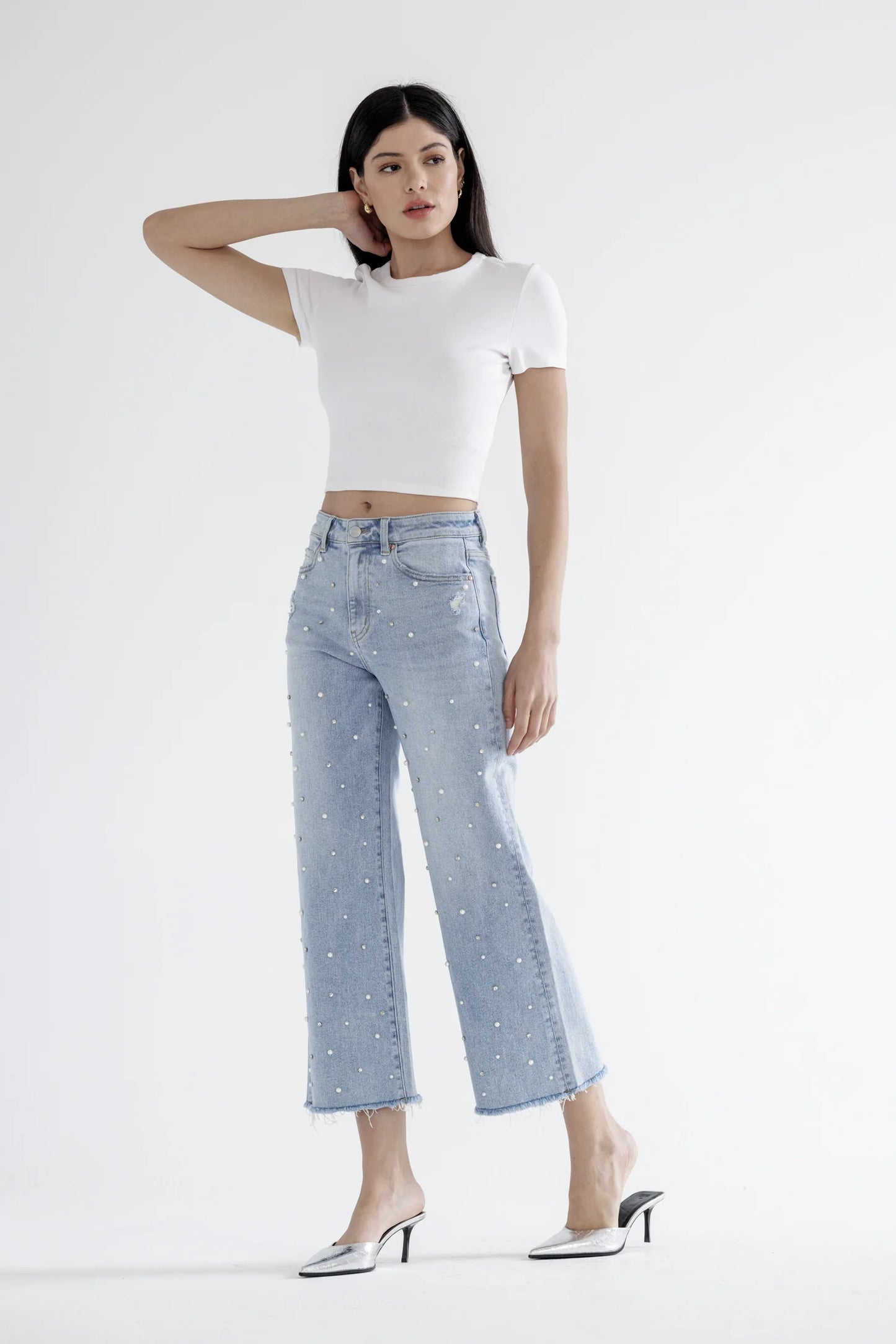 High Rise Wide Leg Pearl Embellished Crop Jeans