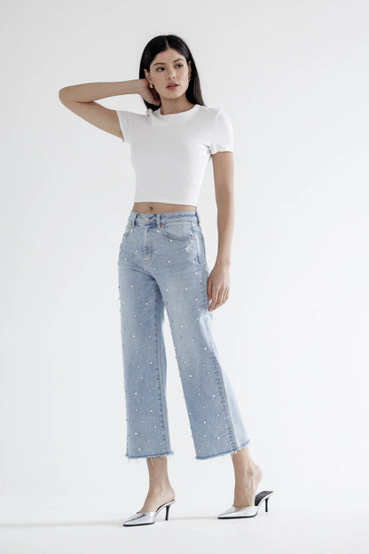 High Rise Wide Leg Pearl Embellished Crop Jeans