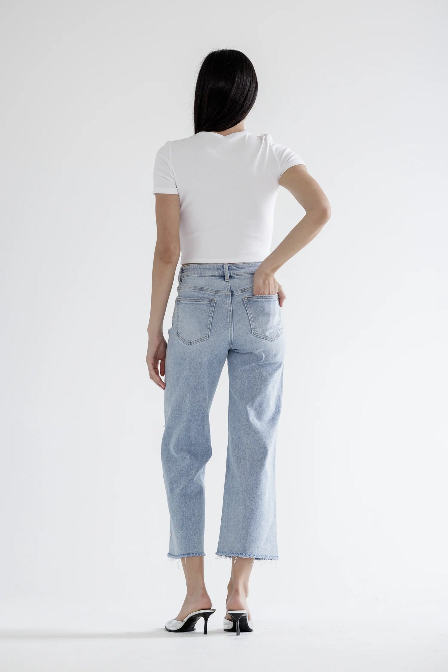 High Rise Wide Leg Pearl Embellished Crop Jeans