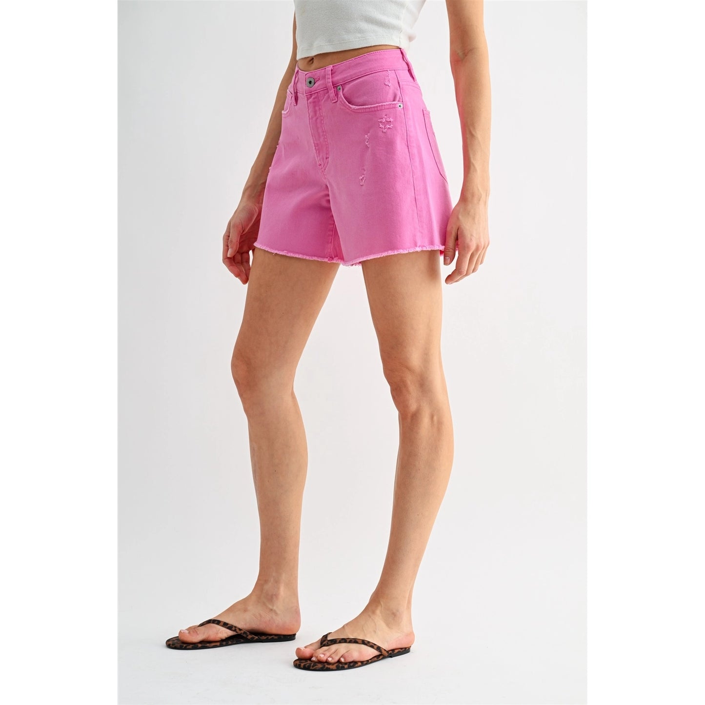 High-Rise Raw Hem Mid Length Shorts