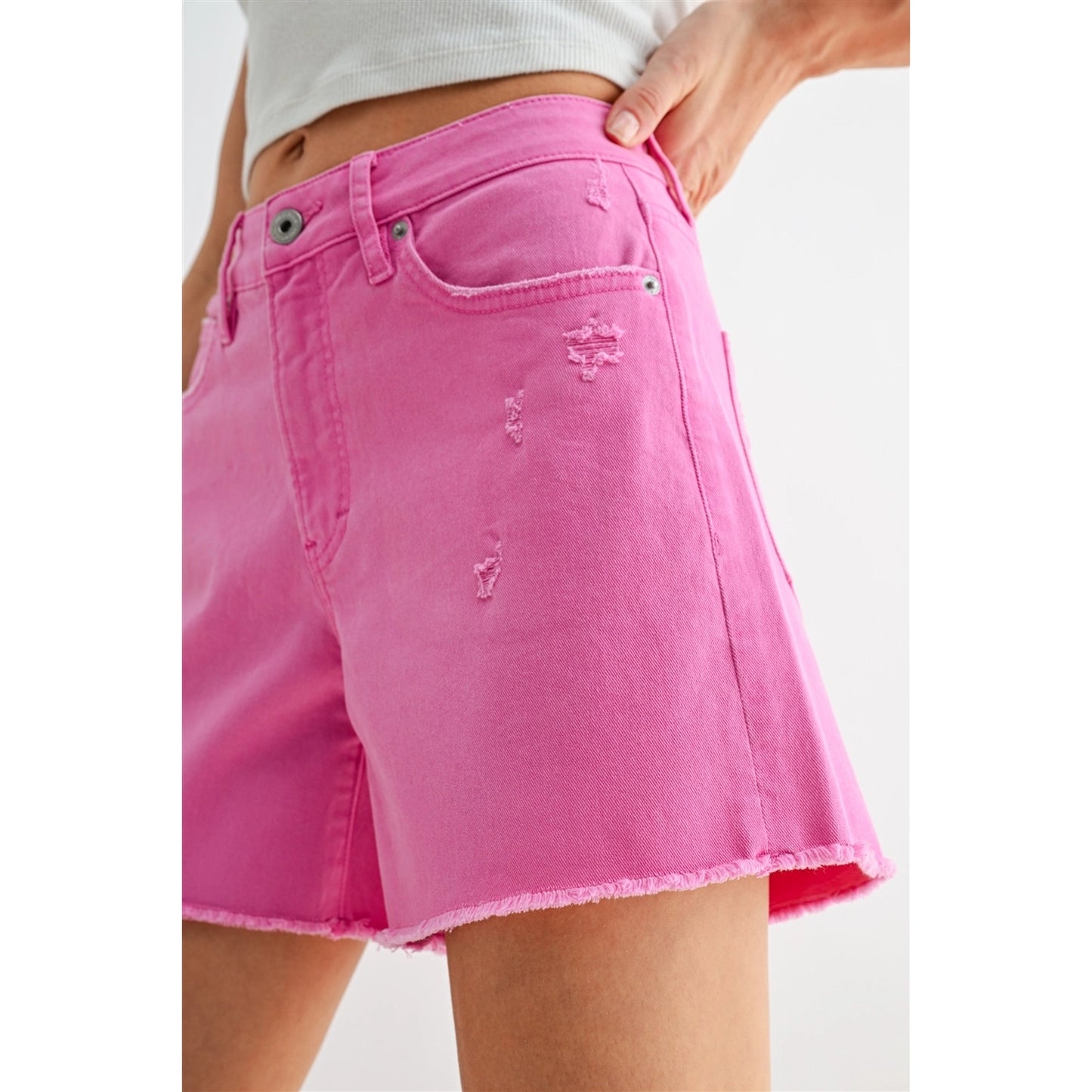 High-Rise Raw Hem Mid Length Shorts