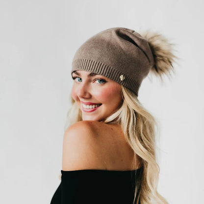 Fine Knit Fur Pom Slouchy Beanie