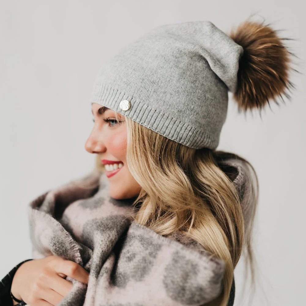 Fine Knit Fur Pom Slouchy Beanie