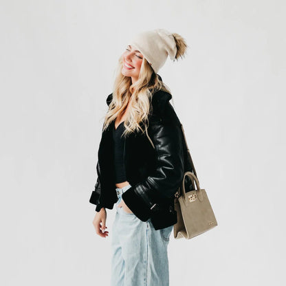 Fine Knit Fur Pom Slouchy Beanie