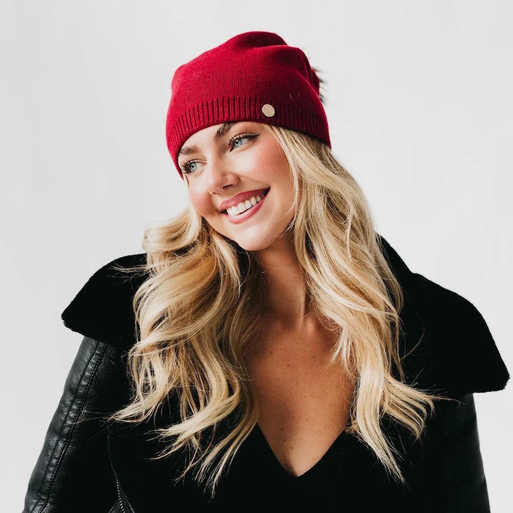 Fine Knit Fur Pom Slouchy Beanie