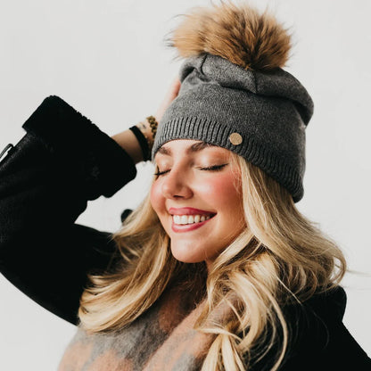 Fine Knit Fur Pom Slouchy Beanie