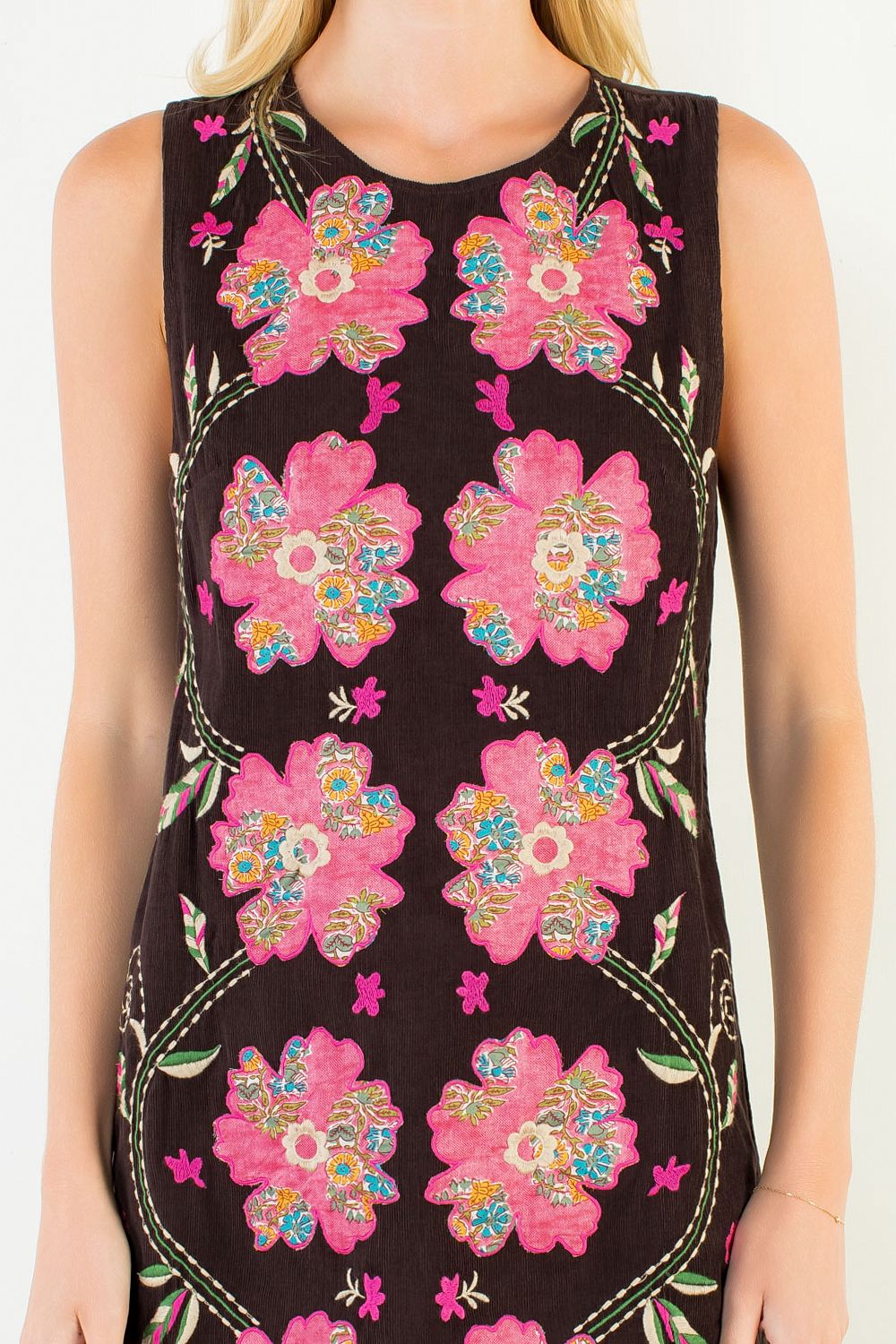 Embroidered Corduroy Bloom Sleeveless Dress