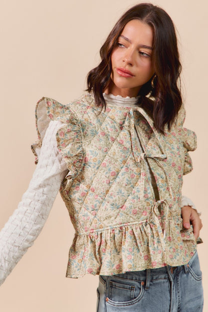 Floral Woven Print Ruffled Quilted Vest