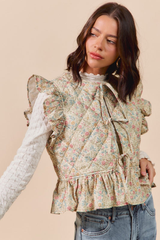 Floral Woven Print Ruffled Quilted Vest