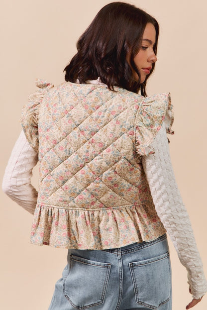 Floral Woven Print Ruffled Quilted Vest